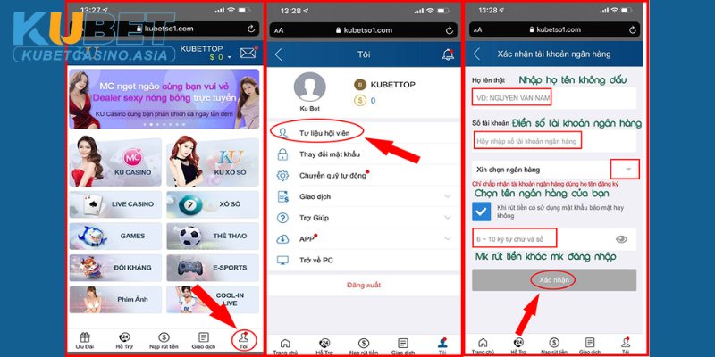 Nhập đầy đủ thông tin cá nhân và mật khẩu rút tiền Nhập đầy đủ thông tin cá nhân và mật khẩu rút tiền